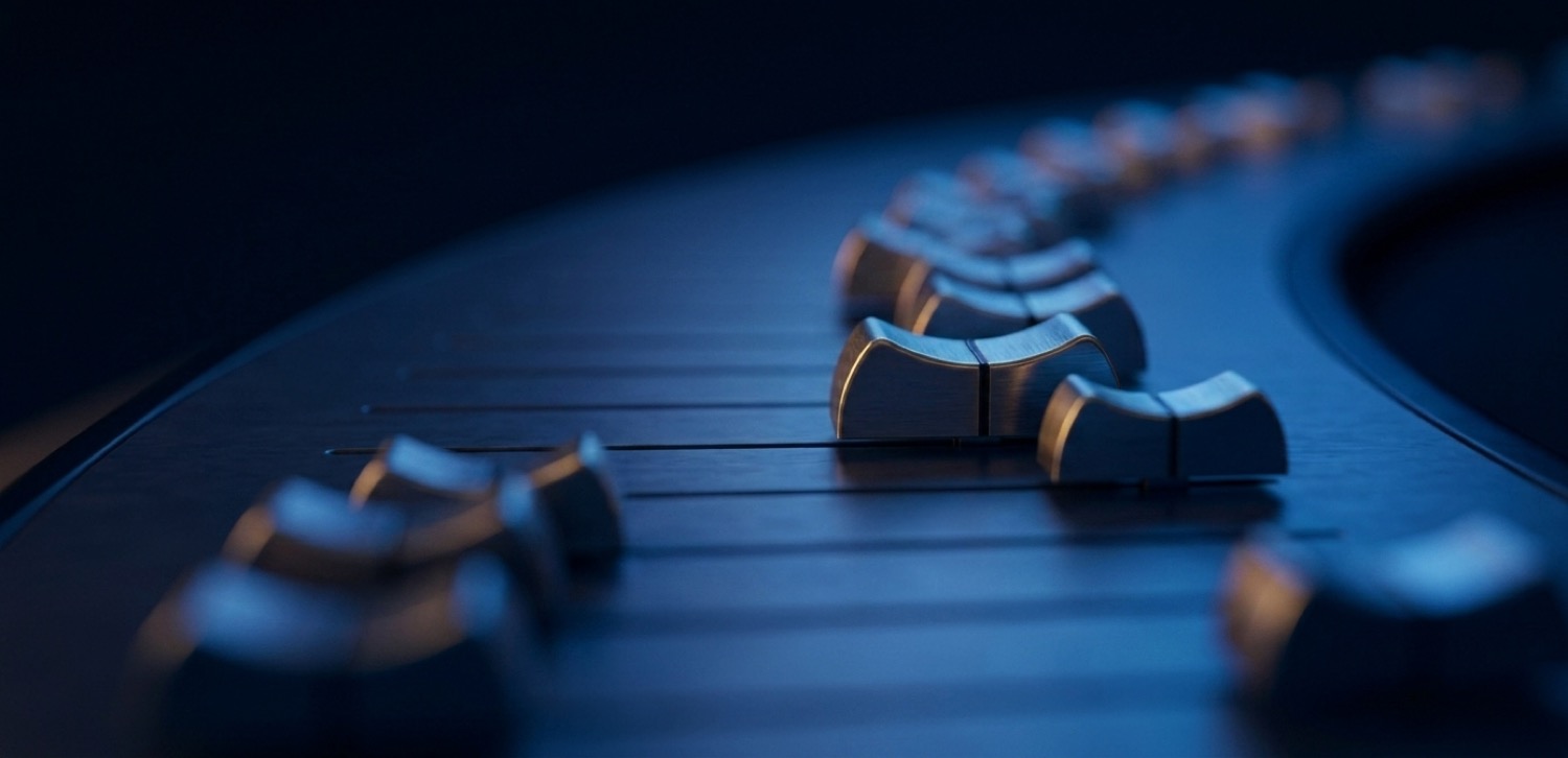 Close-up of a studio mixing console in blue light